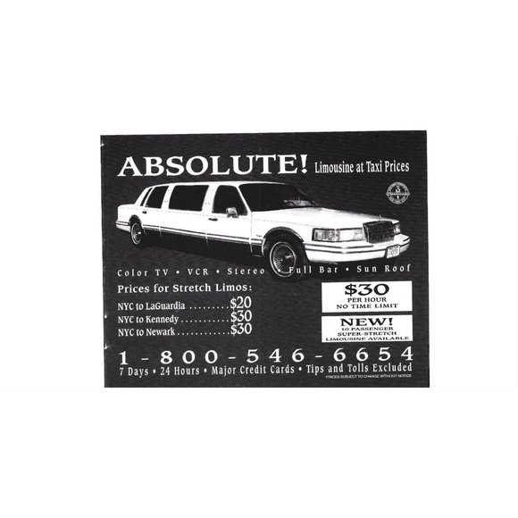 Absolute Limousine at Taxi Price 1990s  Vintage Print Ad - Picture 1 of 2